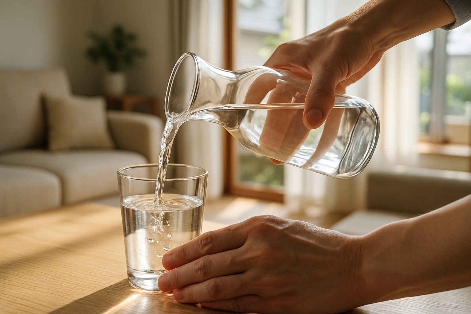 窓際で注ぐ澄んだ一杯の水